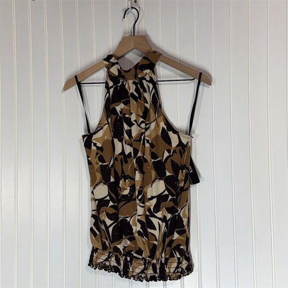 NWT BCX Beaded Halter Top L Brown Black Abstract Print Ruffle Hem Y2K USA Made - Picture 1 of 7